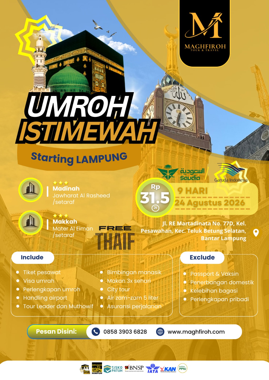 PAKET UMROH ISTIMEWA LAMPUNG 24 AGUSTUS 2026